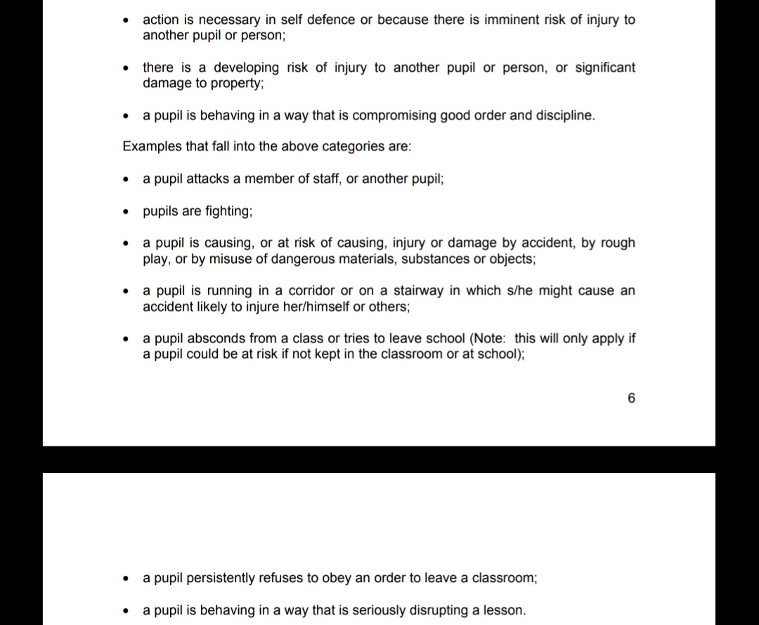 When reasonable force may be used- "There is a developing risk to another pupil or person, or significant damage to property""Developing" it hasn't happened yet, other methods of de-escalation could be used however this allows reasonable force to be applied NOT AS LAST RESORT