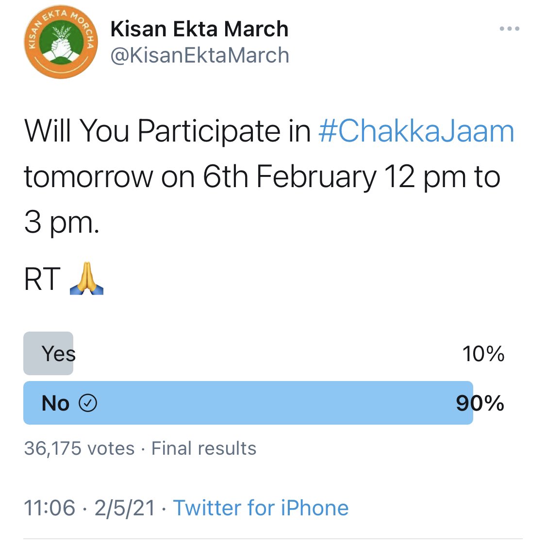 AshishJaggi's tweet photo. No one participated in the flop show

As we can see the final results of this poll

90% voted for a Big NO

These separatists are feeling the power of #Hindus awakening.
Once we unite on ground &amp; social media they will loose all battles.

 #चक्काजाम_हुआ_नाकाम https://t.co/WB0gj4Z2ya