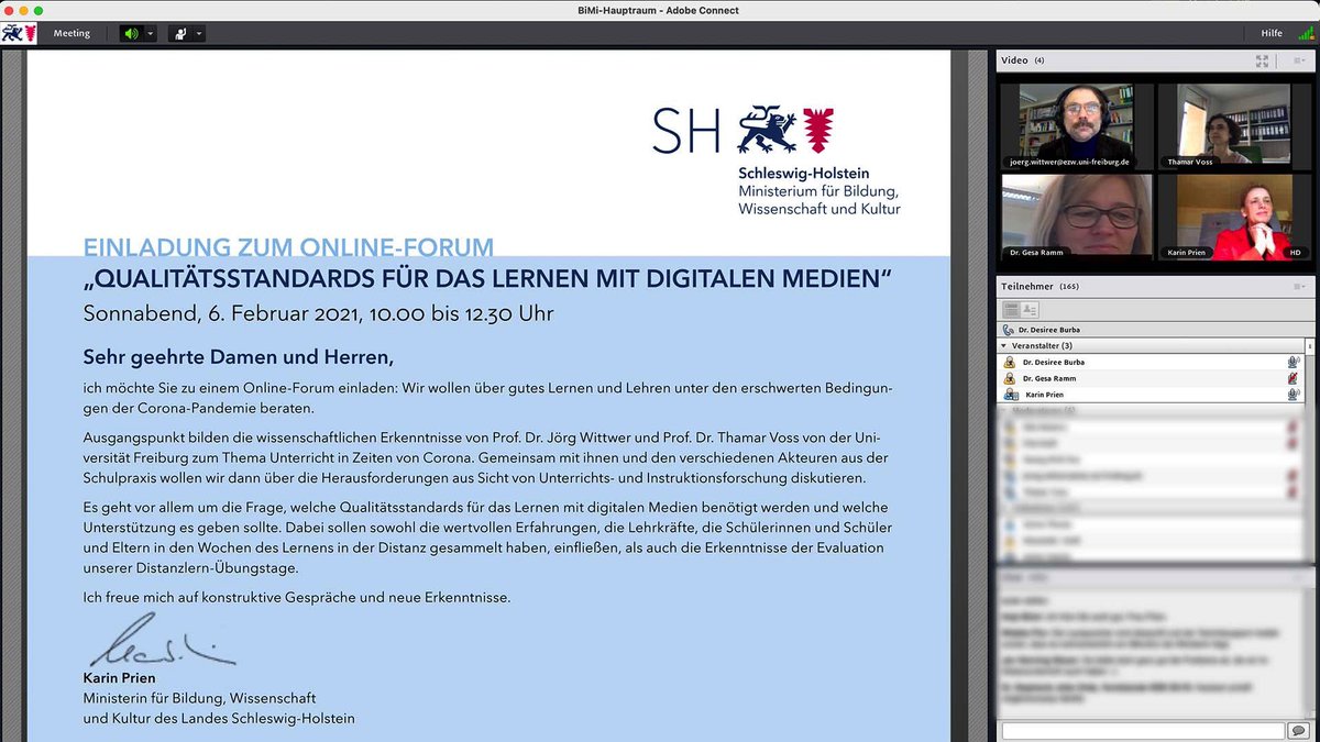 Virtuelle Fachtagung:
„Qualitätsstandards für das Lernen in der Distanz“. Neben zahlreichen Schulleitungen und Lehrkräften waren auch Vertreter:innen der Eltern- und Schülerschaft dabei. „Guter Unterricht hängt nicht allein von der technischen Ausstattung ab.“ <a href="/PrienKarin/">Karin Prien</a> <a href="/_IQSH/">IQSH</a>