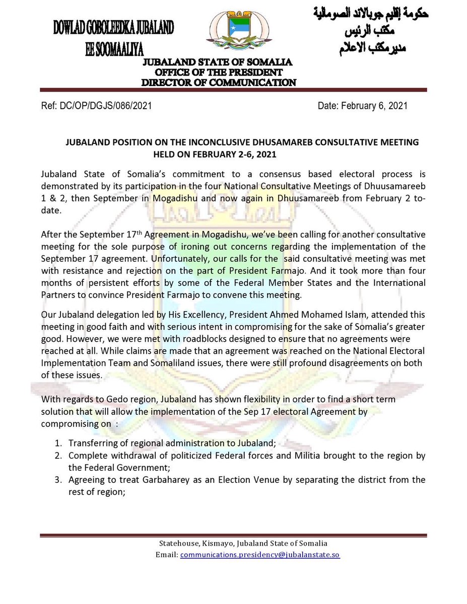 PresidentMadobe's tweet photo. #Jubaland position on #Dhuusamareeb conference and the current situation of the country.
#Somalia is at a critical junction and its important that we move forward together https://t.co/QGGm3K0hMV