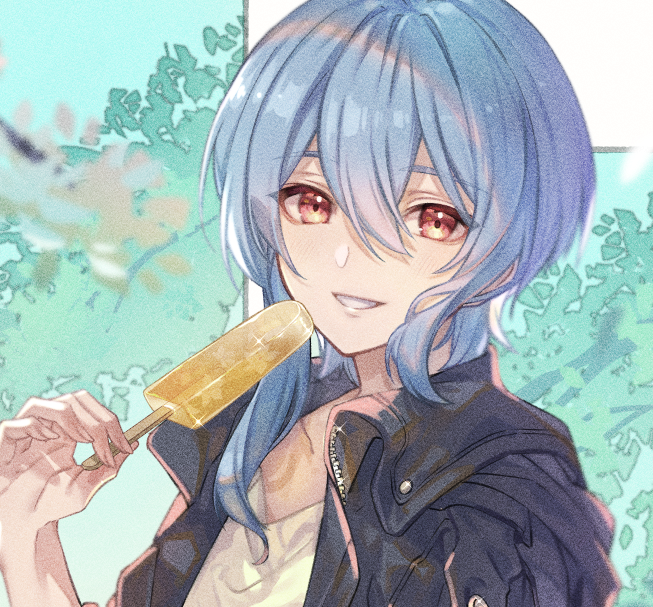 food solo blue hair popsicle red eyes male focus jacket  illustration images