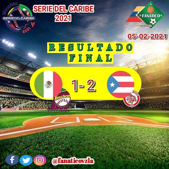 fanaticovzla's tweet photo. RESULTADOS DEL DIA 05-02-2021.
*SERIE DEL CARIBE*
 MAZATLAN - MEXICO 🇲🇽
⚾🏆
ESTADIO TEODORO MARICAL🏟️
SEMIFINALES

🖇️ Presentado   por:
📌@pizzanella_laguaira🍕
📌@euclidespar 🏆🥇👏

Puerto Rico vence a México y disputará el título de la Serie del Caribe ante Dominicana https://t.co/9OdOxnSwgH