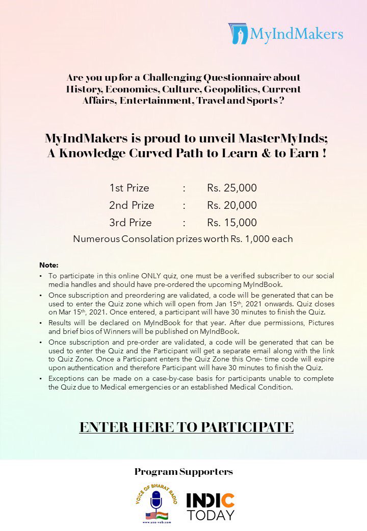 HarithaPusarla's tweet photo. Are you up for a Challenging #Quiz on History, Geography, Economics, Geopolitics, Culture, Entertainment & Sports ?
Are you a believer that #KnowledgeisPower?
Then this ONE is FOR YOU !
MyIndMakers is proud to unveil #MasterMyInds; A Knowledge filled Path to Learn & to Earn https://t.co/raLAcY9dPU