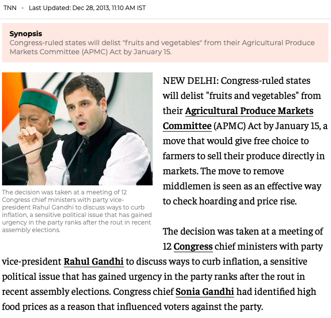 In 2013, Pappu  @RahulGandhi & Congress CMs of 12 states (Cong had 12 CMs!!) had taken a decision to allow farmers to directly sell their produce in open market. Today Pappu backs the monopoly of middlemen.