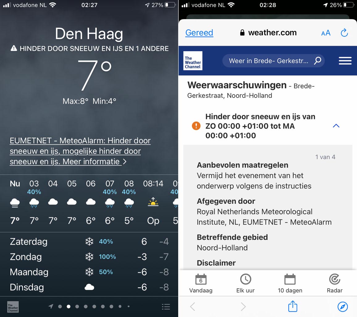 Okay, het gaat zeer waarschijnlijk flink winteren. Maar de ronkende waarschuwingen in mijn iPhone Weer-app worden nu wel héél lelijk, stuntelig en irritant... 
En als je op "Meer informatie" tikt, wordt het zelfs hilarisch ! @knmi #euMetNet