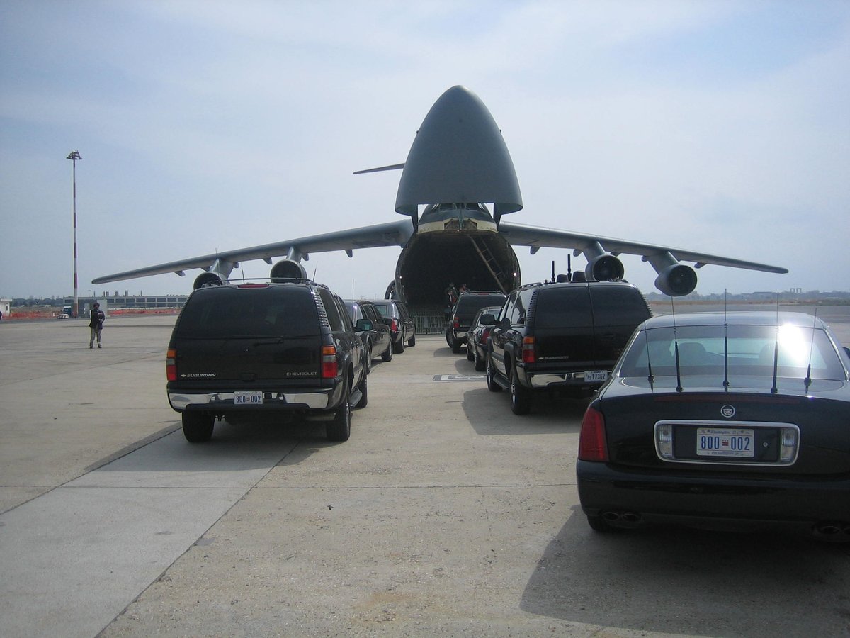 Please note that this isn't just moving the President. It often involves lots of cargo aircraft mission to move vehicles and equipment ahead of time. As shown by this picture I took back in the day.