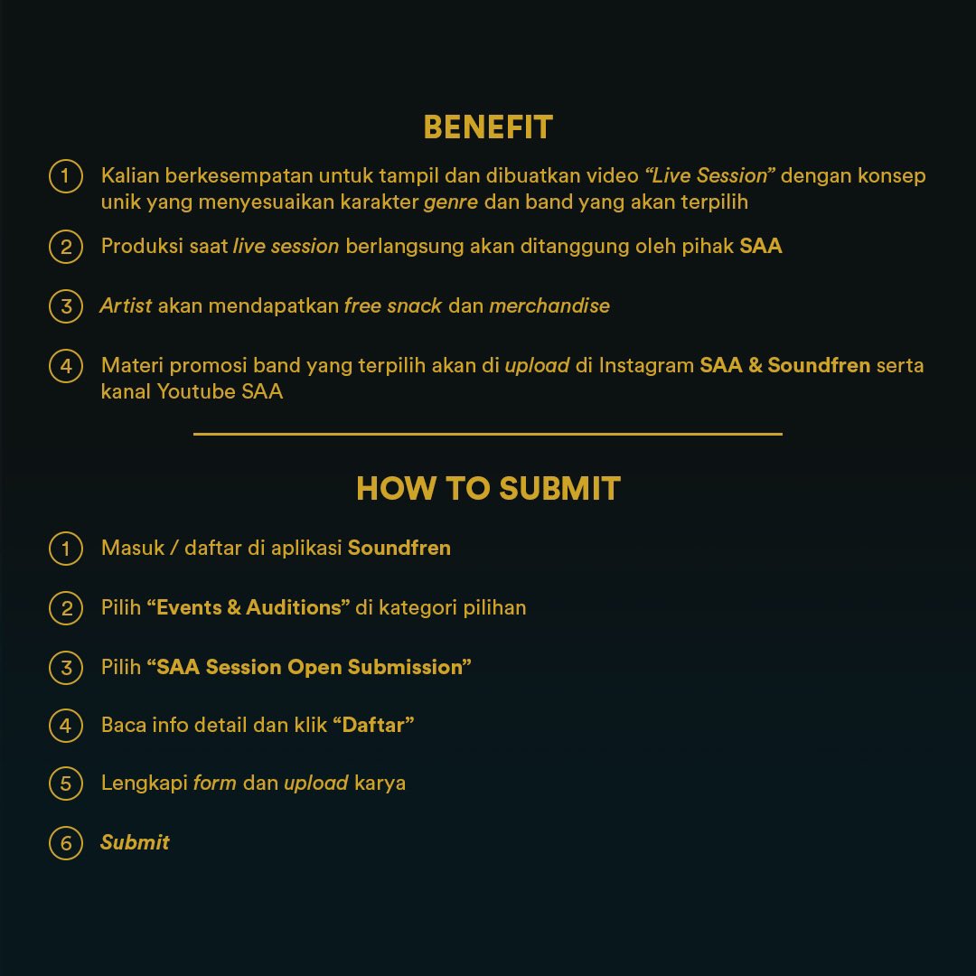 soundfren's tweet photo. Submit karya terbaik kalian dari 5 Februari hingga 19 Februari 2021 dan dapatkan kesempatan tampil serta dibuatkan video Live Session, merchandise, dan benefit lainnya.
Detail lebih lanjut silahkan cek aplikasi!
#SemudahItu bermusik dengan #Soundfren
#Seadaadanya https://t.co/AMZObagUYa