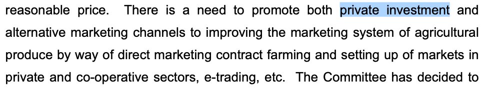 2011: Planning Commission under UPA - "There is a need to promote private investment, alternative marketing channels via contract farming, e-trading, etc."