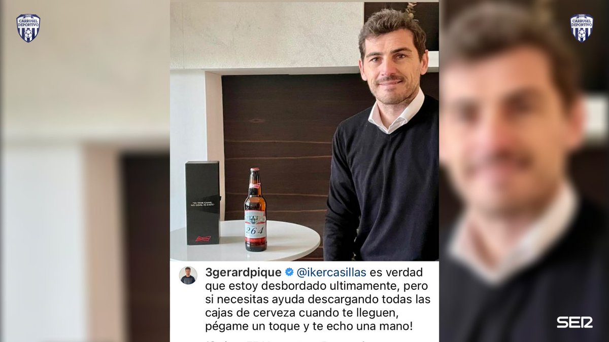 carrusel's tweet photo. 🤣😅 El tremendo vacile de @3GerardPique a @IkerCasillas tras el regalo de Messi al ex capitán de la @SeFutbol y el @RealMadrid 

⚽️ Leo Messi envió a cada portero al que le marcó, una cerveza por gol anotado 👀 https://t.co/vzthsdLZti