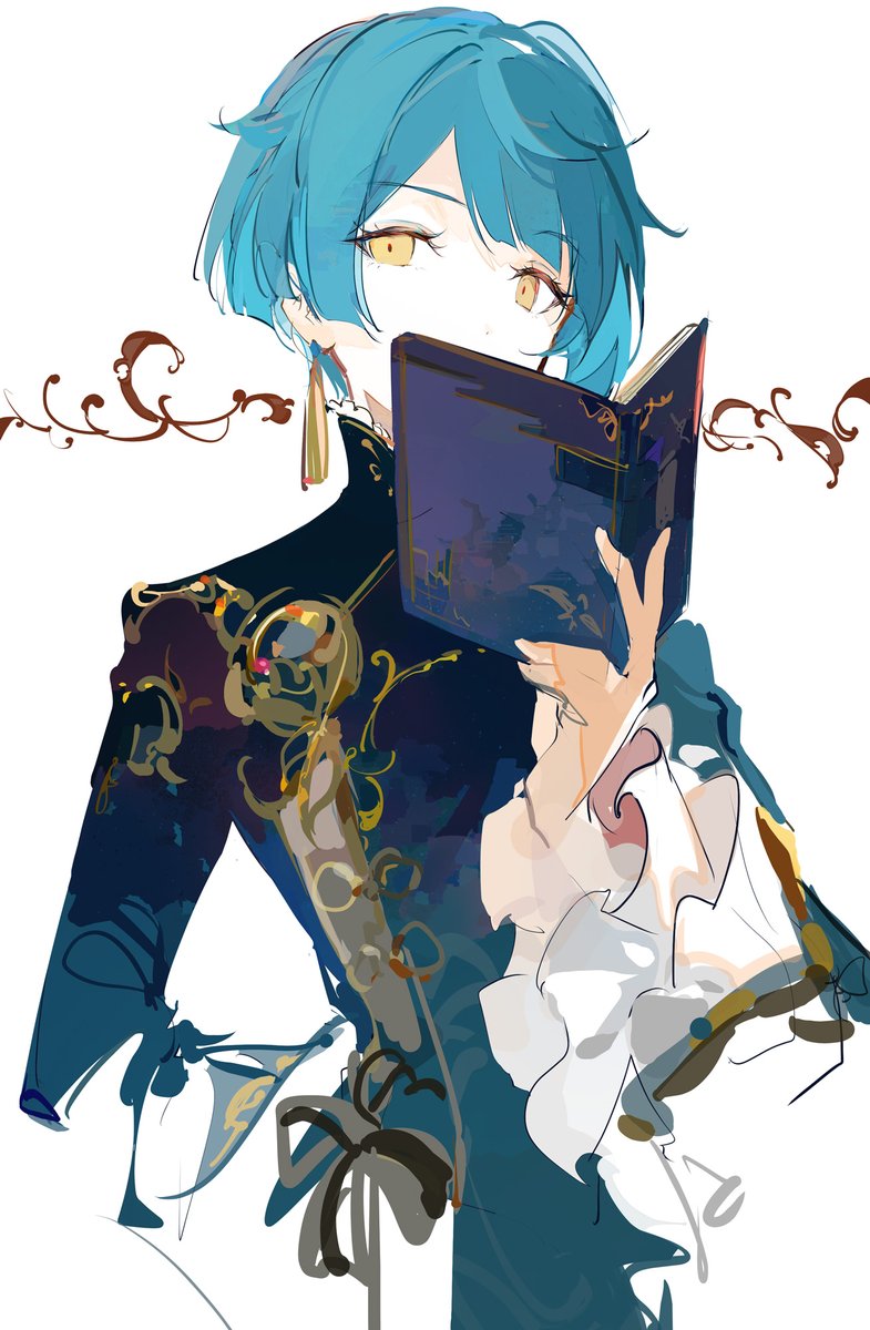 xingqiu (genshin impact) 1boy male focus solo book holding blue hair holding book  illustration images