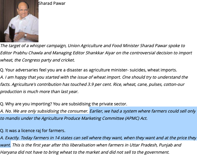 2006: Sharad Pawar (Agriculture Minister) - "APMC system is a license raj for farmers"
