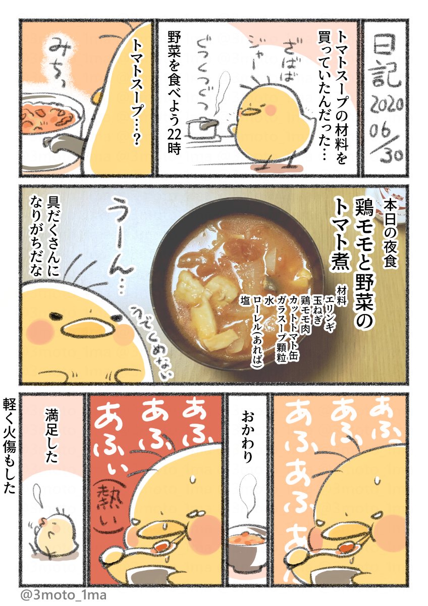 再掲「ヒヨコの食欲日記」
鶏モモと野菜のトマト煮 