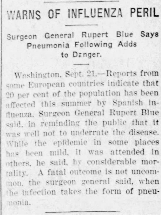 In September, the surgeon general began warning the US about the influenza infecting a large percentage of the European population, specifically warning of the pneumonia that often followed the sickness. (Stevens Point Journal, 9/21/1918)
