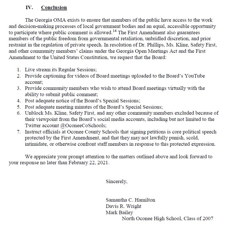 The letter was written by Clinic legal fellow Samantha Hamilton, 2L Davis Wright, and 2L Mark Bailey, alumnus of the Oconee County School system.