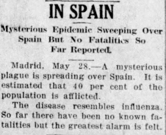 The first article in central Wisconsin appeared, mentioning a mysterious epidemic in Spain. (Wausau Daily Herald, 5/28/1918)