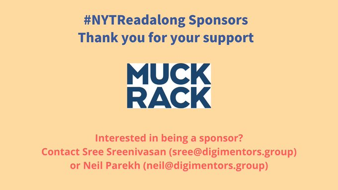 10/x Thank you to  @muckrack for being a sponsor of  @Sree's Sunday  #NYTReadalong. @georgevecsey will be our guest for  #SuperBowlSunday.Join us on FB, TW, LI and YT at 8:30am ET or watch on replay. Interested in being a sponsor? Please contact me or  @Sree via email or DM.
