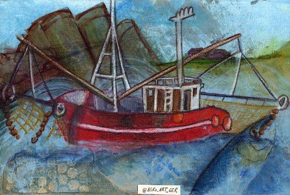 NiKo_ART_GER's tweet photo. Sending a belated fishing boat for #colour_collective #ShadowBlue.
#maritime #fishingboat #DwellingMound #pier #fish #northsea
#drawing #painting #mixedmedia
#kleineKunstklasse https://t.co/nPPGCMh4Hn