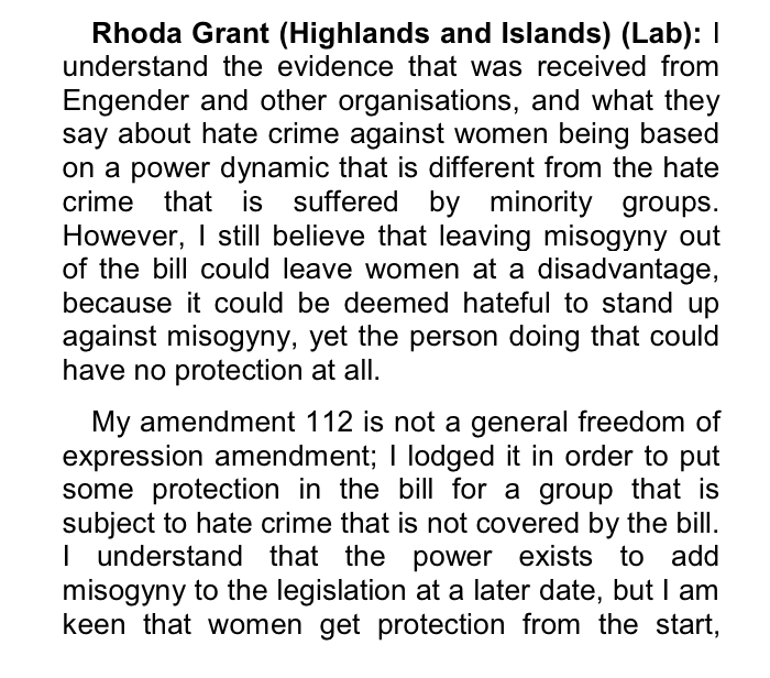 Although Labour MSP Rhoda Grant noted her concern about women being neither included in the bill’s coverage nor specifically recognised in its protection of free speech.