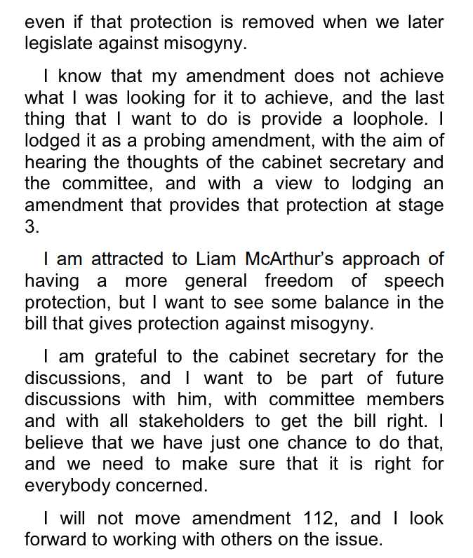 Although Labour MSP Rhoda Grant noted her concern about women being neither included in the bill’s coverage nor specifically recognised in its protection of free speech.