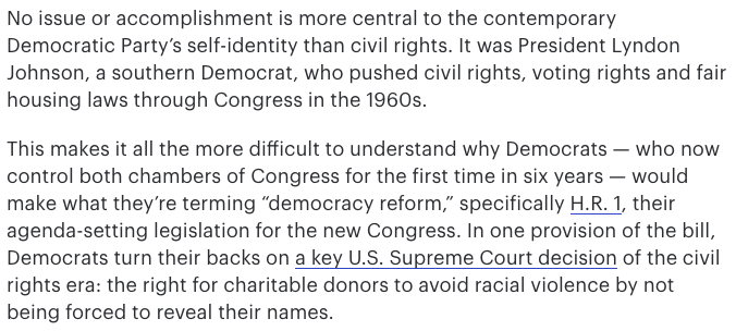 We’re going to hear a lot of misleading and disingenuous arguments against  #HR1 in the months to come. But citing the racial violence of the Jim Crow South to defend a broken status quo where an overwhelmingly white donor class buys influence in secret is really something.