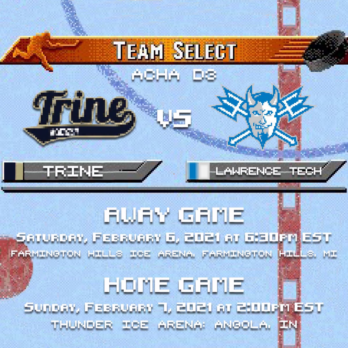 TrineACHAHockey's tweet photo. Time for the D3 team to take the spotlight this weekend as they battle Lawrence Tech! #GrowTheFAMbase⚡️ https://t.co/zoardboGaN