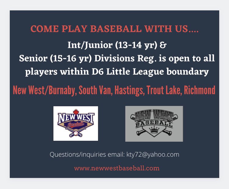 Join us today between 11-1 for an online Information session. 
Zoom link at newwestbaseball.com