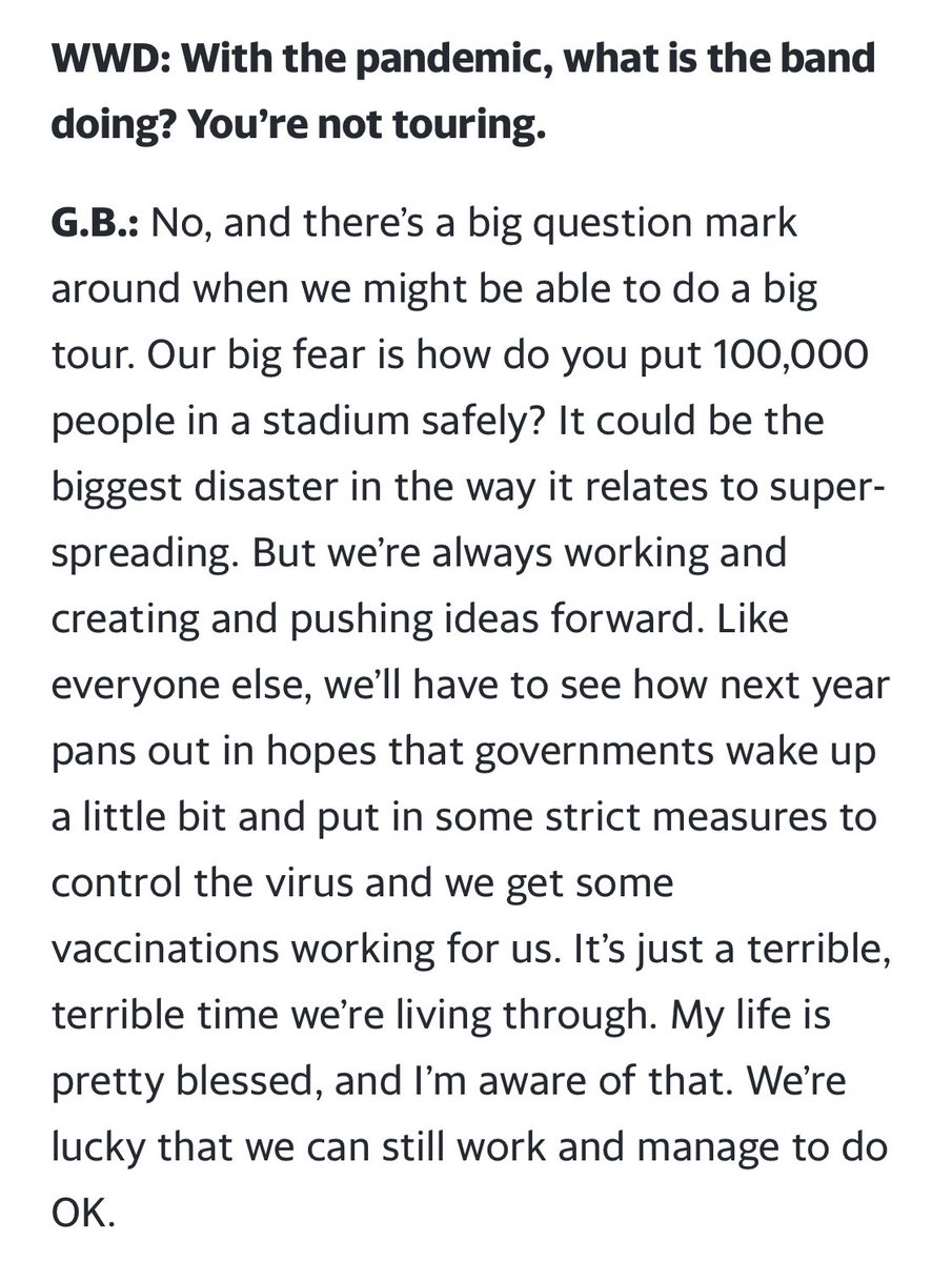 Summer 2020 - Guy Berryman has a flux of interviews about his fashion brand and car magazines, but Coldplay questions often slipped in.
