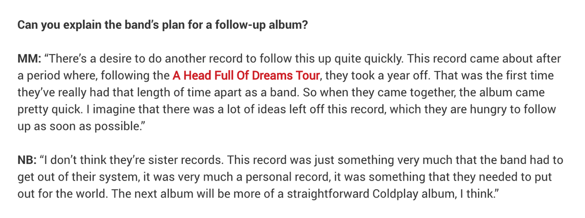 November 2019 - Music Week's interview with Parlophone CEO and executives leave the impression a follow-up album to  #EverydayLife is not too far away. Full read:  https://bit.ly/2MZ8bPs&nbsp;
