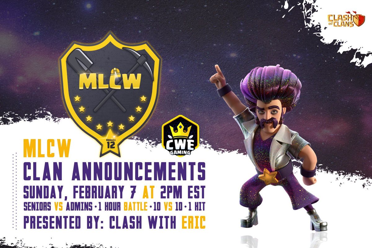 The wait is almost over. S12 clans will be announced during a 1 hour war Sunday at 2pm EST! Watch current/former Senior Admins battle with current Admins in a quick 10v10. It is guaranteed to have many questionable attacks and failures! Stream presented by Clash with Eric!