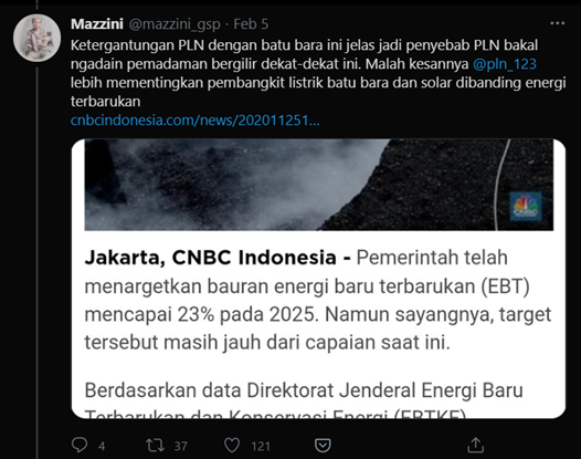 Ada banyak klaim dalam thread  @mazzini_gsp, yang menurut saya misleading. Pertama, 2 twit ini menyalahkan ketergantungan terhadap batubara atas potensi terganggunya supply listrik karena tambang batubara di Kalimantan terdampak banjir.