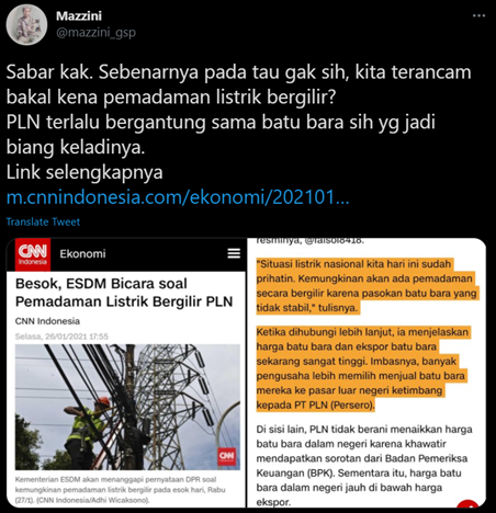 Ada banyak klaim dalam thread  @mazzini_gsp, yang menurut saya misleading. Pertama, 2 twit ini menyalahkan ketergantungan terhadap batubara atas potensi terganggunya supply listrik karena tambang batubara di Kalimantan terdampak banjir.