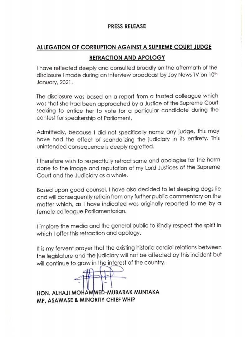 This letter from Muntaka is neither a retraction nor an apology, for a number of reasons.1. First, he still calls it a "disclosure". (Check your disctionary). Meaning he was making secret facts public. This then suggests what he said were facts. True then, and still true now.
