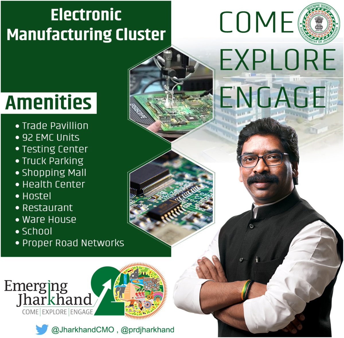 JharkhandCMO's tweet photo. Under the guidance of CM @HemantSorenJMM Jharkhand is ready to emerge as a hub of #Electronicmanufucfuring.The State Govt welcomes all investors in Electronics/Mobile Manufacturing to come, explore our EMC at Adityapur and drive a long term engagement to usher growth &amp; employment https://t.co/nW6yYUMOq0