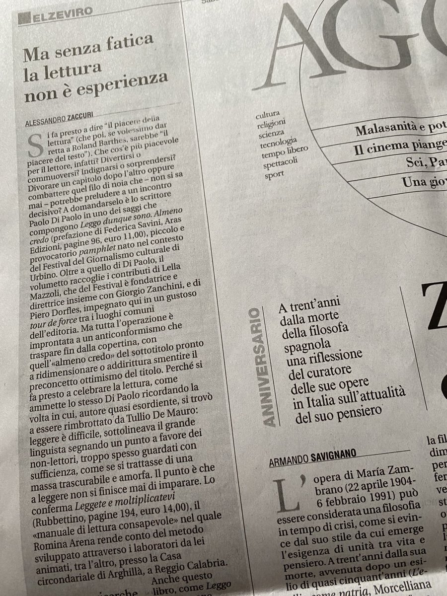 La fatica di leggere può essere persino divertente.
⁦<a href="/AlessZaccuri/">Alessandro Zaccuri</a>⁩ oggi su #Agorà di ⁦<a href="/Avvenire_Nei/">𝐀𝐯𝐯𝐞𝐧𝐢𝐫𝐞</a>⁩ 

#PaoloDiPaolo
#PieroDorfles
⁦@giorgiozanchini⁩ 
⁦<a href="/ArasEdizioni/">Aras Edizioni</a>⁩