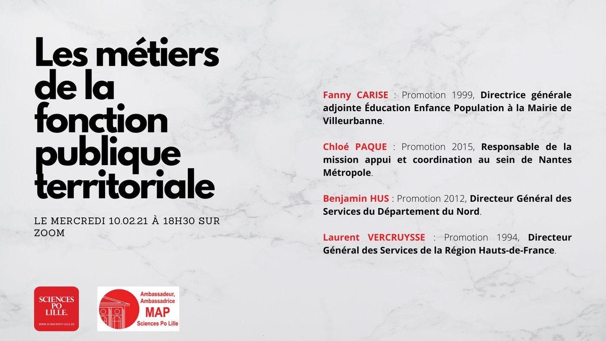 ap_scpolille's tweet photo. Retrouvez-nous le mercredi 10 février à 18h30 pour une conférence sur les métiers de la fonction publique territoriale en présence de 4 alumni de l'école ! 

Inscriptions sur la plateforme alumni⬇️
https://t.co/ot0c4gatLk https://t.co/qMahU1uFHl