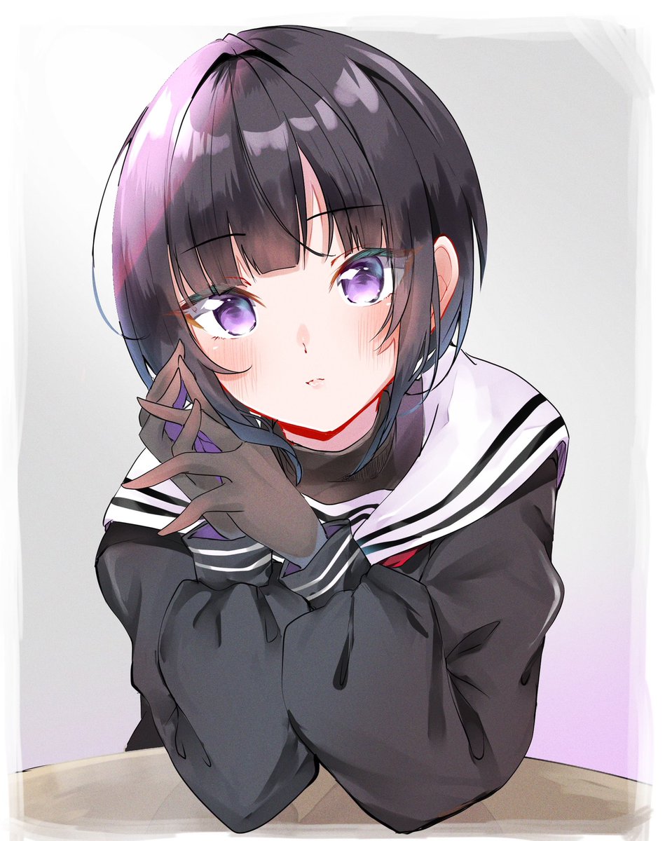 1girl solo black hair gloves purple eyes short hair school uniform  illustration images