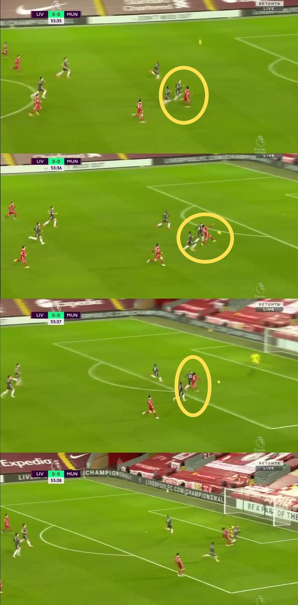 Shaw - Recovery pace!1- The ball is played behind United's defence.2 - Shaw and Salah are shoulder to shoulder - battling.3- Shaw again gets his body infront.4- This allows the ball to roll into De Gea's arms.Fantastic speed and strength displayed by Shaw!