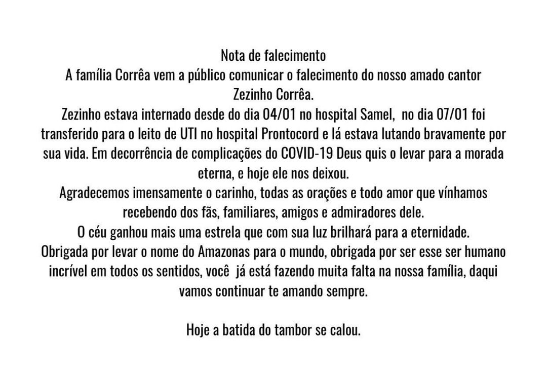 CulturalMala's tweet photo. Morre #ZezinhoCorrêa, do #Carrapicho, vítima de #Covid19. Cantor. que tinha 69 anos de idade, estava internado em estado grave desde janeiro; Informação foi confirmada pela assessoria de imprensa.
📸 Instagram https://t.co/0478WSuGox
