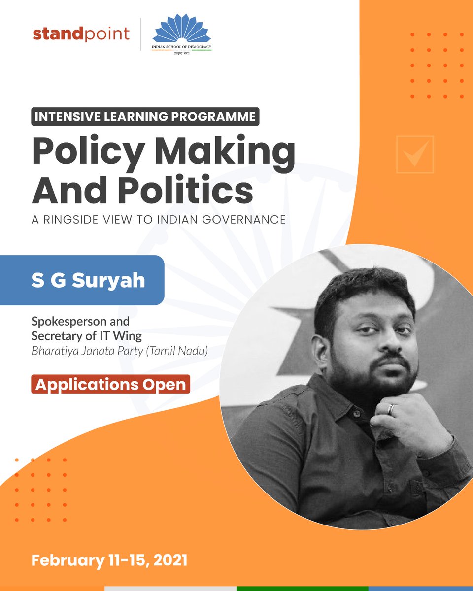Go beyond the textbooks of policy-making with @StandpointIndia's next Intensive Learning Programme - Policy Making and Politics!

Lectures over 5 days will include interactions with policy-experts, politicians & other notable industrialists.

To Apply - standpointindia.in/courses
