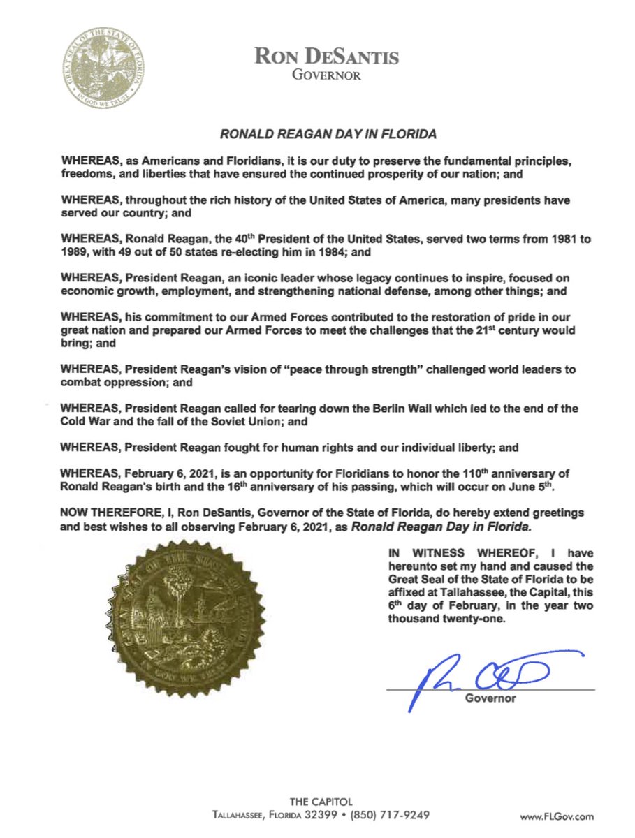GovRonDeSantis's tweet image. Ronald Reagan was one of the greatest presidents our nation has ever had and left an iconic legacy that continues to inspire. I’m pleased to proclaim today, Feb. 6, as Ronald Reagan Day in Florida in honor of The Gipper.