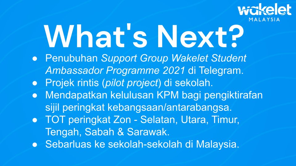PendidikDigital's tweet photo. Terima kasih kepada semua yang telah mengikuti sesi TOT @wakelet Student Ambassador Programme 2021 bersama sifu @azrul8work pada siang tadi. 

Semoga kita dapat teruskan dengan projek rintis di sekolah2. Fingers crossed! 🌊🇲🇾

#KomunitiWakeletMY #WakeletWaveMY #WakeletWave https://t.co/QE1zvjehqo