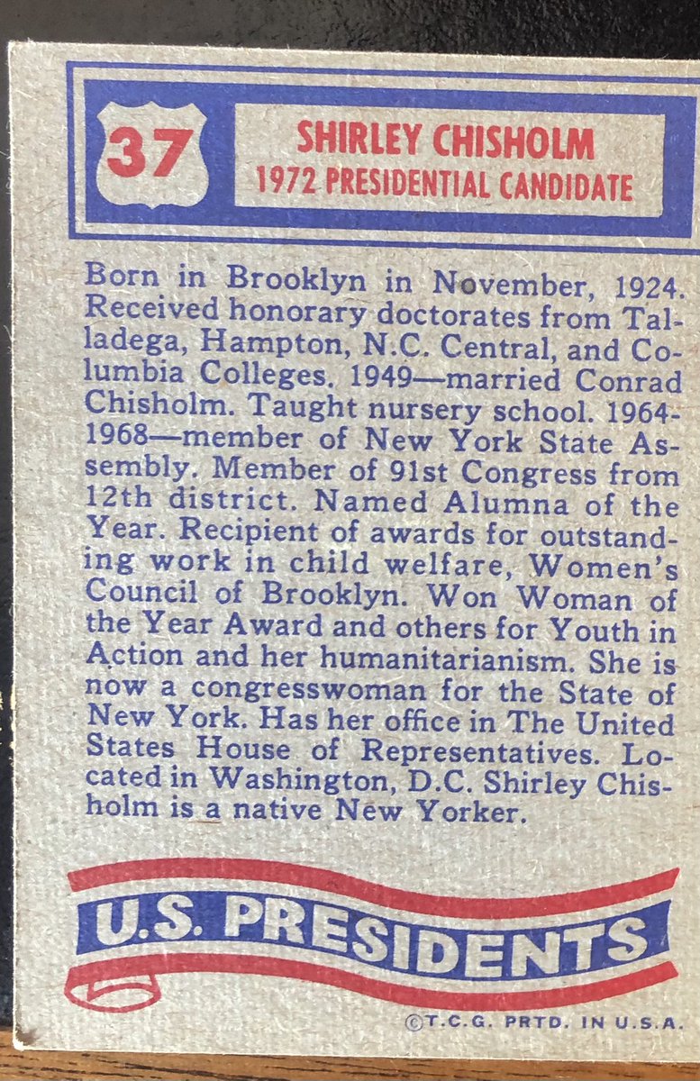 when I vaguely remembered having her candidate card. I didn’t keep many childhood belongings but because of my love for JFK & RFK (named after him) I kept a politics shoe box where I found a few from the 1972 set - Chisholm’s card along w Nixon, McGovern, Humphrey & Wallace.