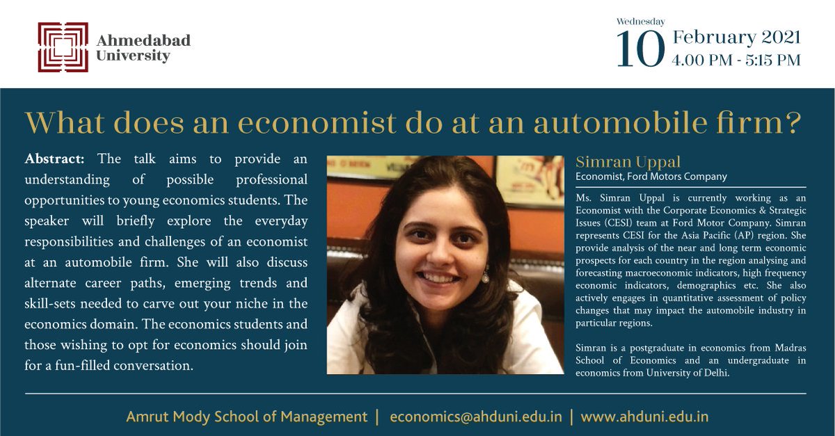 AhdUniv's tweet photo. Ahmedabad University is organising an #MAEconomicswebinar on ‘What Does An Economist Do In An #AutomobileFirm?’ led by Simran Uppal, Economist, @Ford India. The webinar will be held on February 10, 2021. Register: https://t.co/GQ7jg86bcH
#CorporateEconomics #CareerPaths #Register https://t.co/BPSvVozThR
