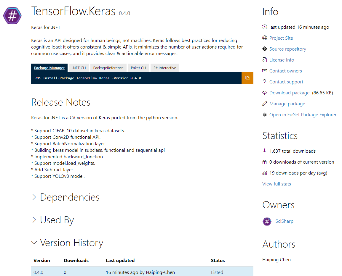 ScisharpStack's tweet photo. TensorFlow.Keras v0.4.0 released with massive improvements. F# and C# AIMLers check it out now. https://t.co/PzlP09co9k