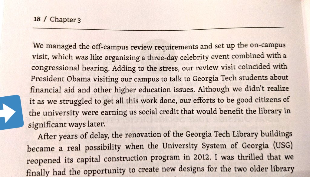... Yet she reflects in retrospect at this opportunity to be "good citizens of the university," that would earn "social credit" that the library could spend later on its priorities.