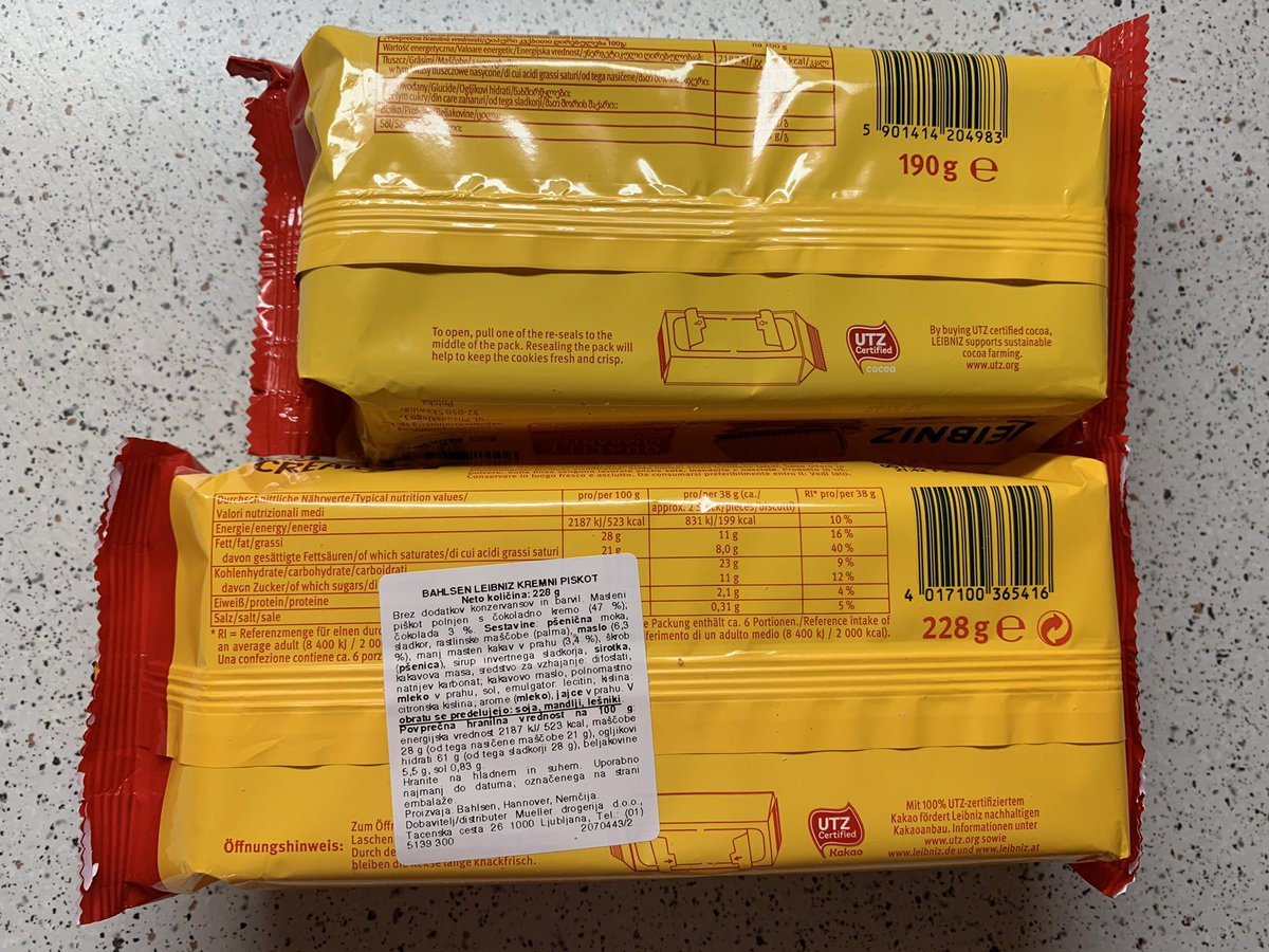 DavidVrtin's tweet photo. Bahlsen Leibniz Keks’n Cream Choco:
Mercator 2,59€ / 190g vs. Müller 1,69€ / 228g
Za ‘vzhodni’ (vključno naš) trg je isti piškot 84% dražji kot za ‘zahodni’ trg, vse kupljeno v LJ. Primerjava @zpsslo https://t.co/OTgnl5HSDf