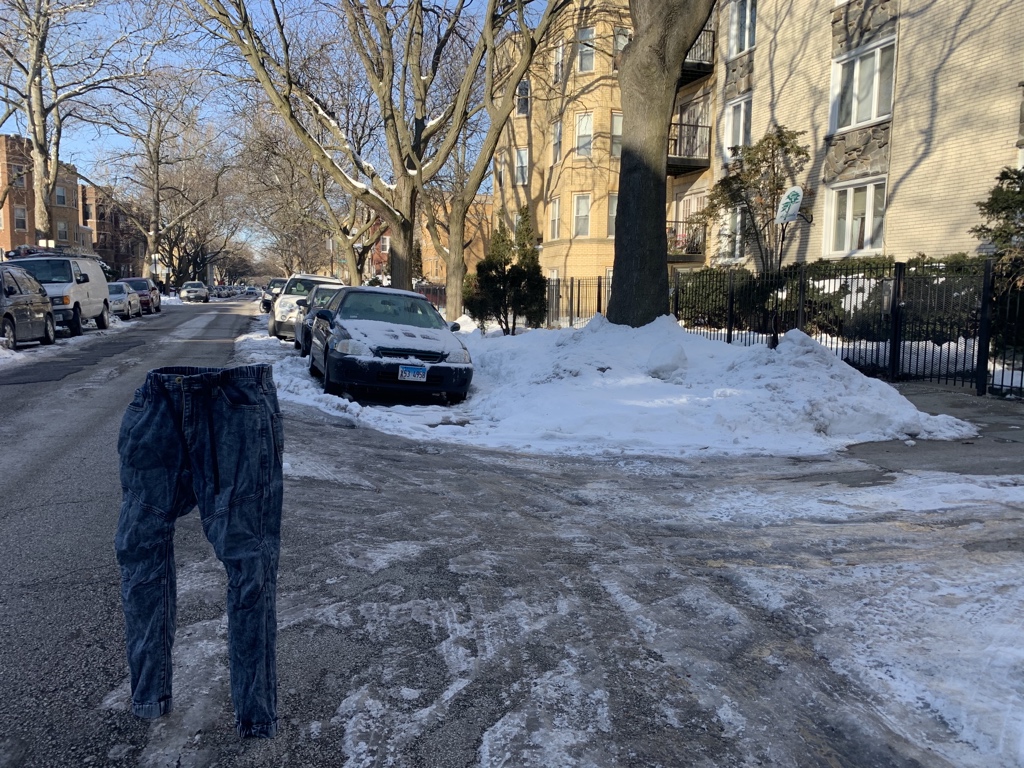 adamselzer's tweet photo. Polar vortex fun: pants with nobody inside them! Soak a pair, put outside. In about 20 minutes you can form them to shape, and in another 20 they’re solid. https://t.co/RVAHjJpFtA