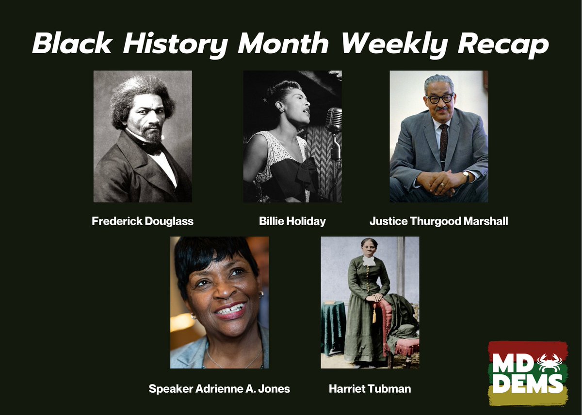 For  #BlackHistoryMonth  , we're highlighting an influential Black Marylander every weekday. This week we recognized:• Frederick Douglass• Billie Holiday • Thurgood Marshall• Speaker Jones• Harriet TubmanScroll up to see who we highlighted 