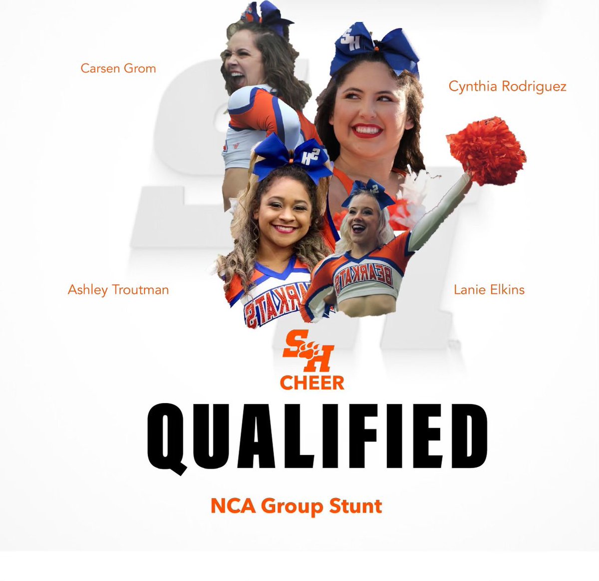 shsucailife's tweet photo. HUGE shout out to @sammy_bearkat79 for qualifying for NCA Mascot Championship and the @shsu_cheer athletes that qualified for NCA group and partner stunt competition! π #SHSU #SHSUSpiritPrograms https://t.co/IOQ1qeLC5o