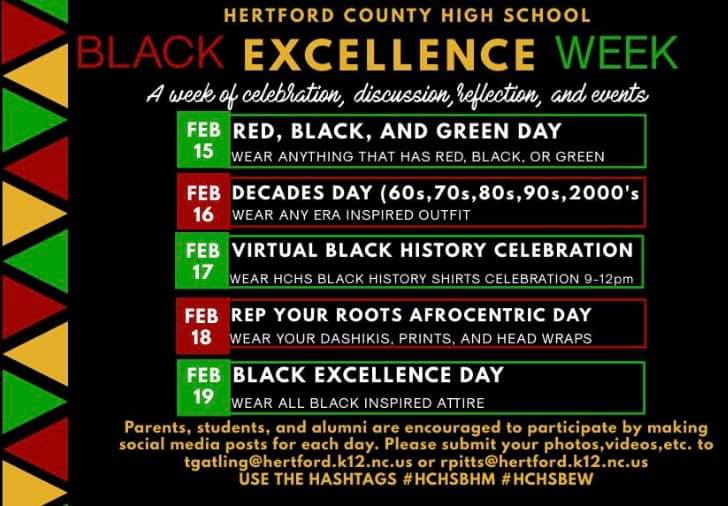 In Honor of Black History Month, HCHS will host a Virtual Spirit Week of Events! Parents, students, and alumni are encouraged to participate by making social media posts for each day. Use the hashtags #HCHSBHM #HCHSBEW <a href="/HCPS01/">Hertford County Public Schools</a>